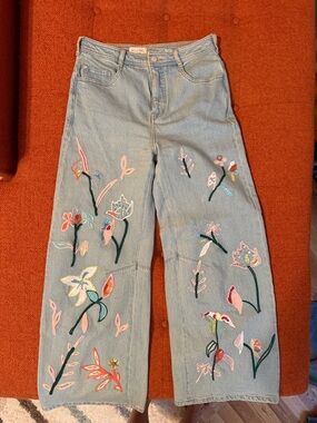 Pilcro Light Blue Embroidered Wide-Leg Jeans